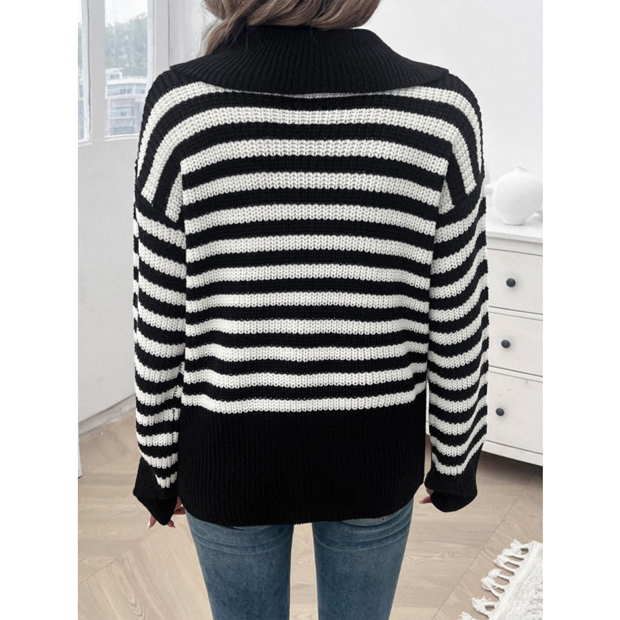 Striped Collared Neck Long Sleeve Sweater Apparel and Accessories