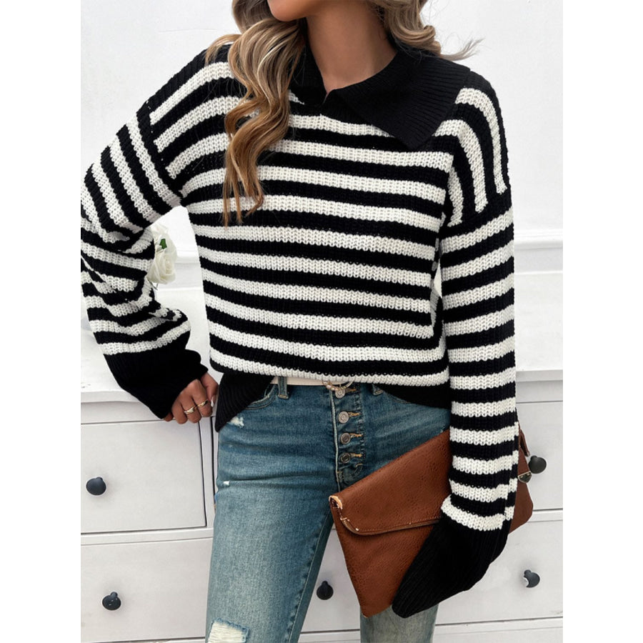 Striped Collared Neck Long Sleeve Sweater Apparel and Accessories