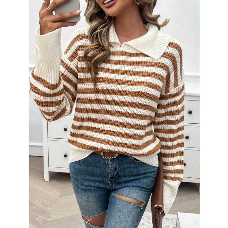 Striped Collared Neck Long Sleeve Sweater Apparel and Accessories