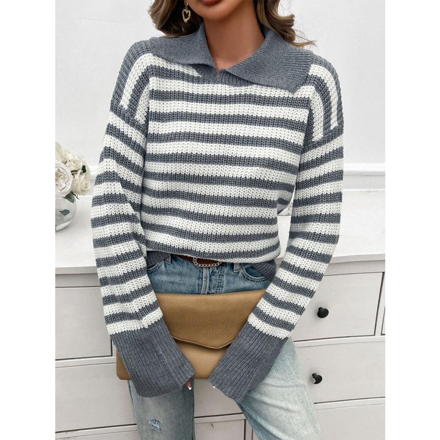 Striped Collared Neck Long Sleeve Sweater Apparel and Accessories