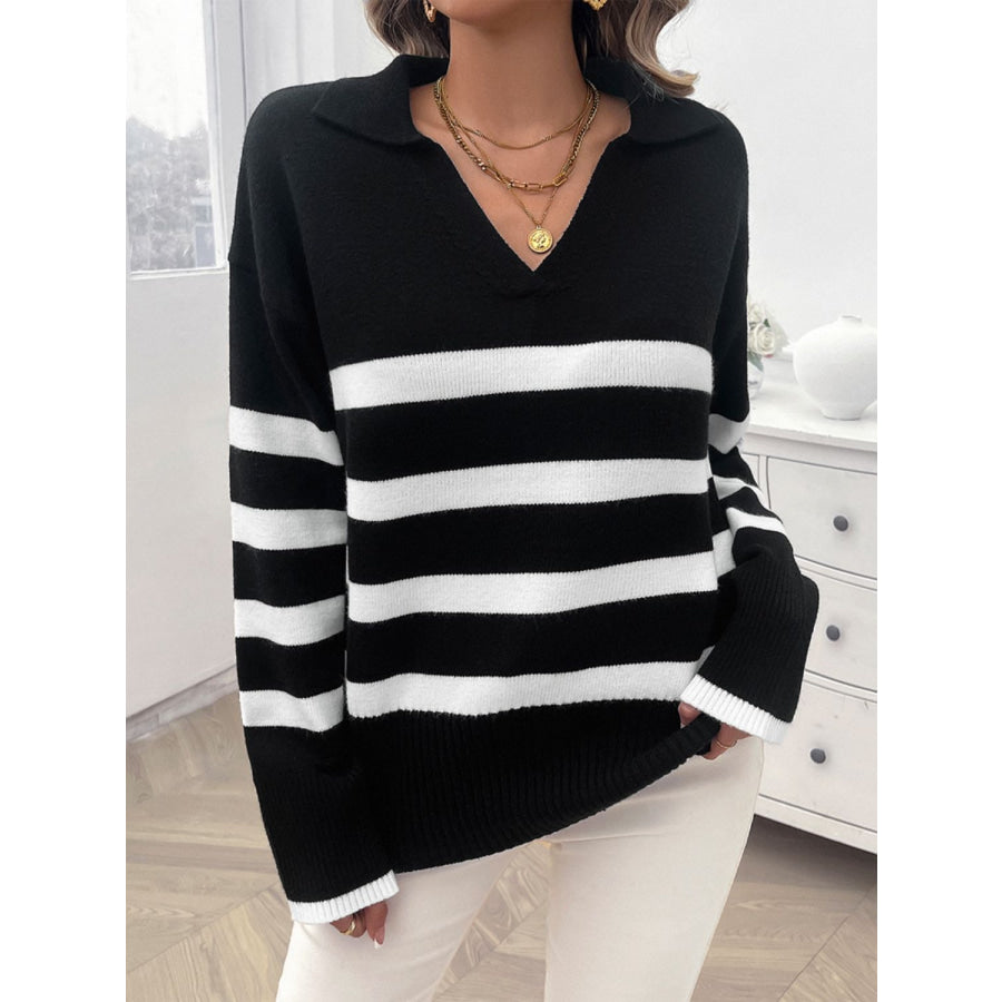 Striped Collared Neck Long Sleeve Sweater Black / S Apparel and Accessories