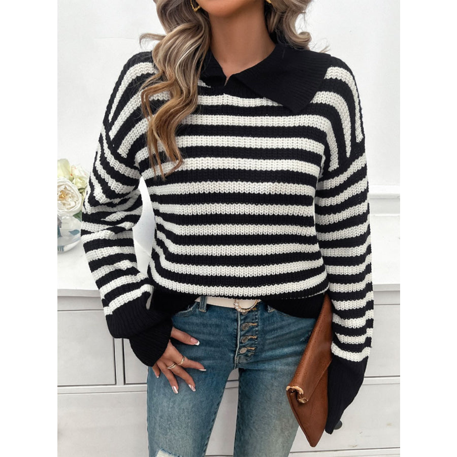 Striped Collared Neck Long Sleeve Sweater Black / S Apparel and Accessories