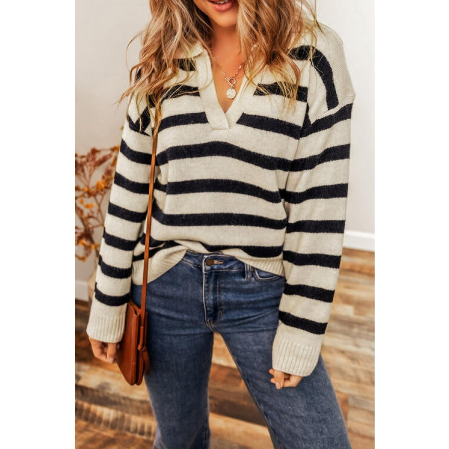 Striped Collared Neck Long Sleeve Sweater Black / S