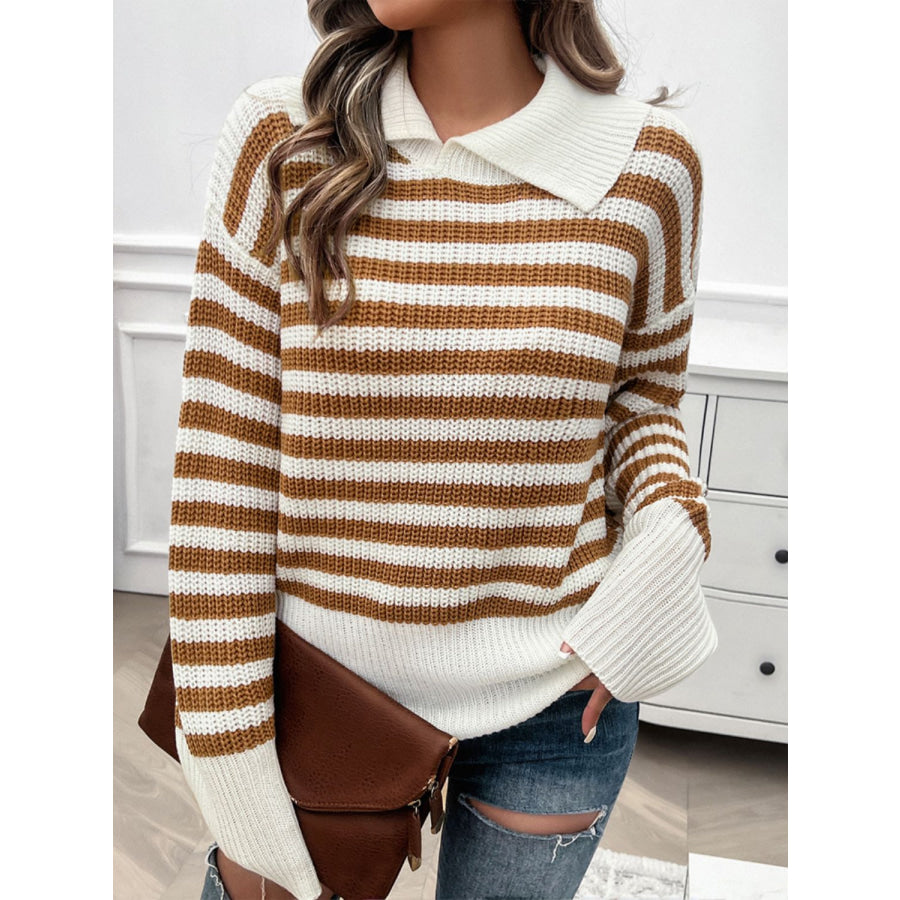 Striped Collared Neck Long Sleeve Sweater Caramel / S Apparel and Accessories