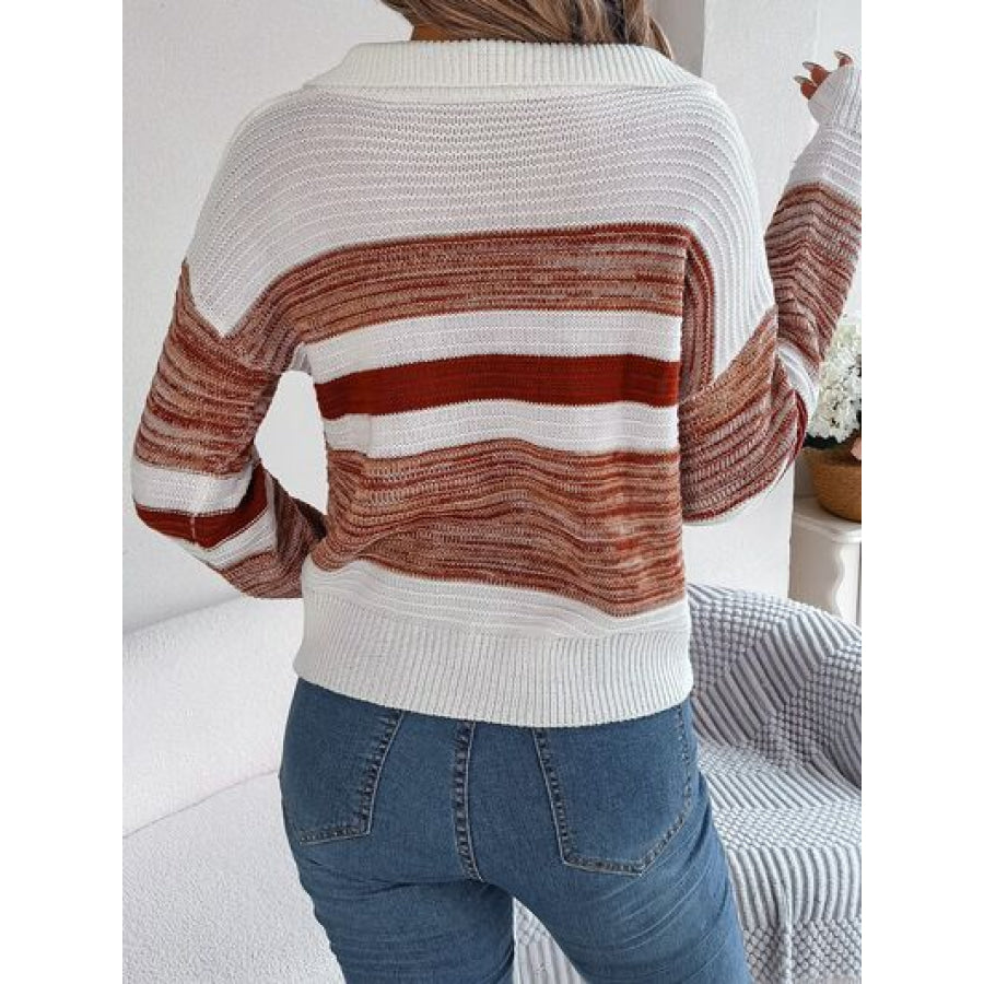 Striped Collared Neck Long Sleeve Sweater Terracotta / S Clothing