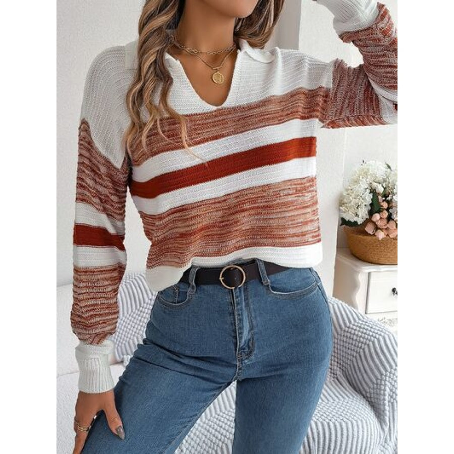 Striped Collared Neck Long Sleeve Sweater Clothing