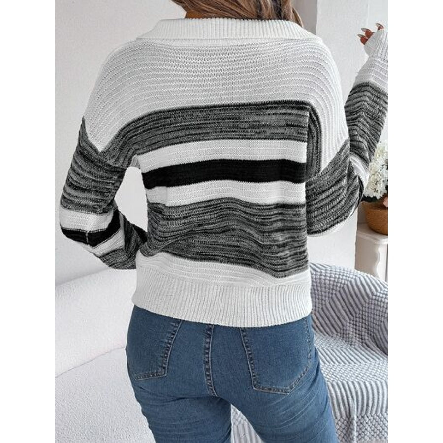 Striped Collared Neck Long Sleeve Sweater Clothing