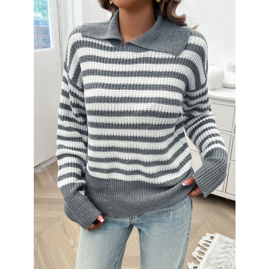 Striped Collared Neck Long Sleeve Sweater Light Gray / S Apparel and Accessories