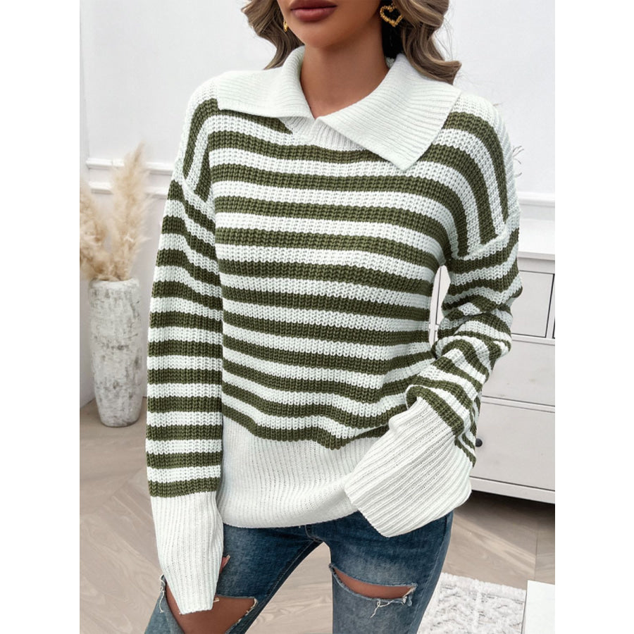 Striped Collared Neck Long Sleeve Sweater Moss / S Apparel and Accessories