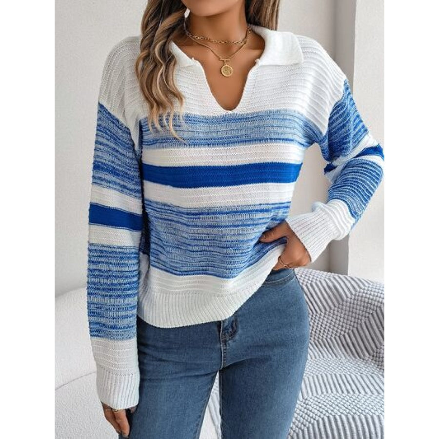 Striped Collared Neck Long Sleeve Sweater Sky Blue / S Clothing