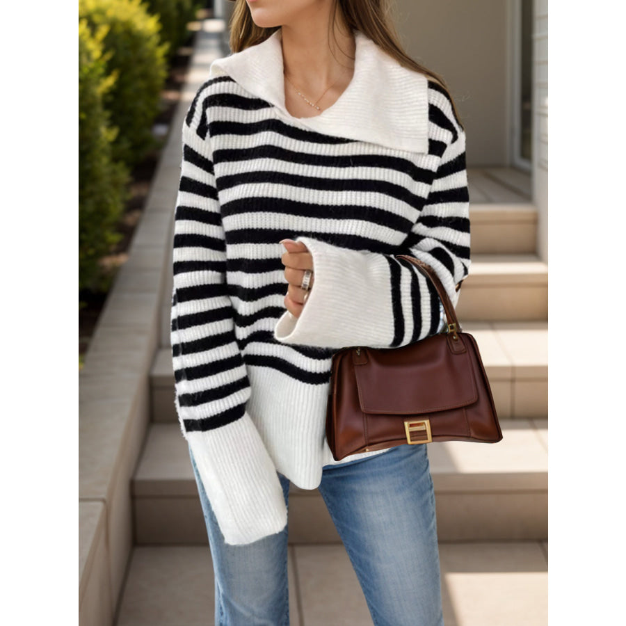 Striped Collared Neck Long Sleeve Sweater Stripe / S Apparel and Accessories