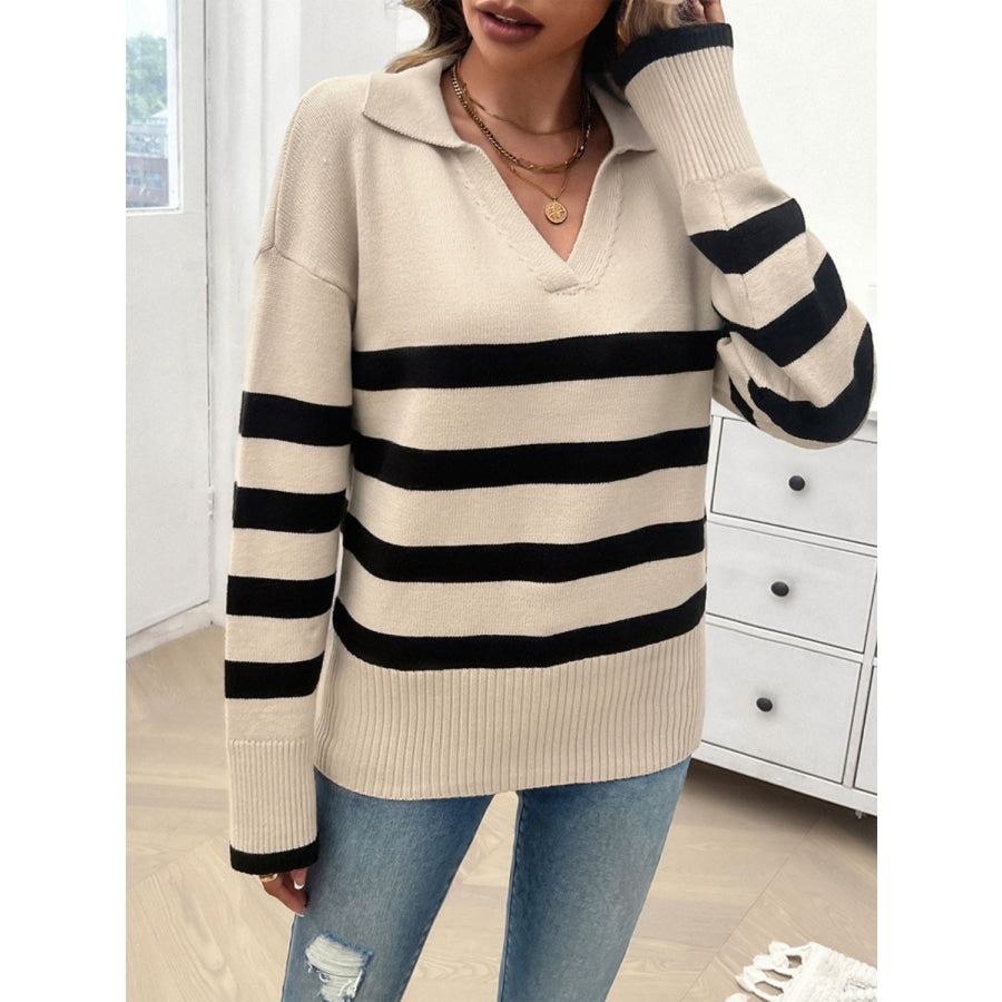 Striped Collared Neck Long Sleeve Sweater Tan / S Apparel and Accessories