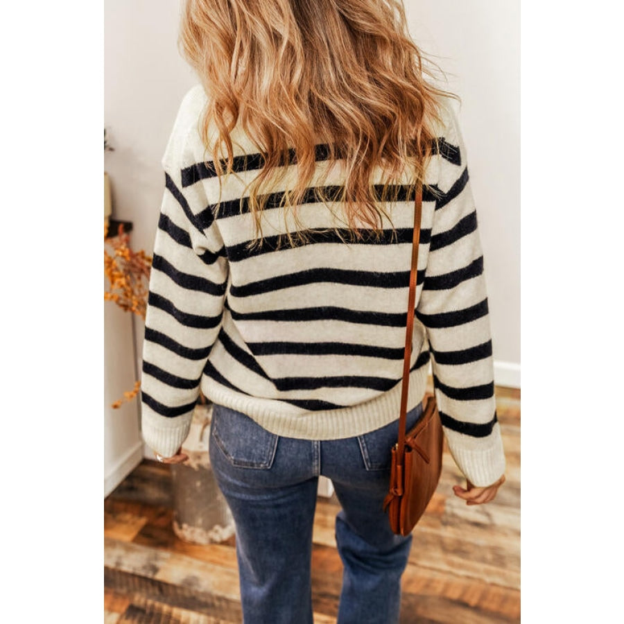 Striped Collared Neck Long Sleeve Sweater Black / S