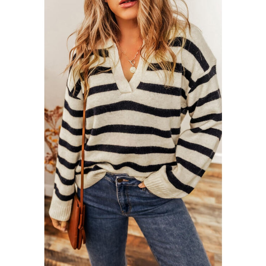 Striped Collared Neck Long Sleeve Sweater