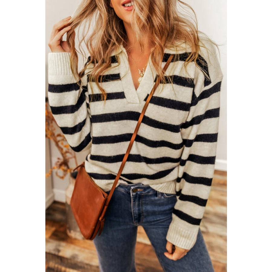 Striped Collared Neck Long Sleeve Sweater