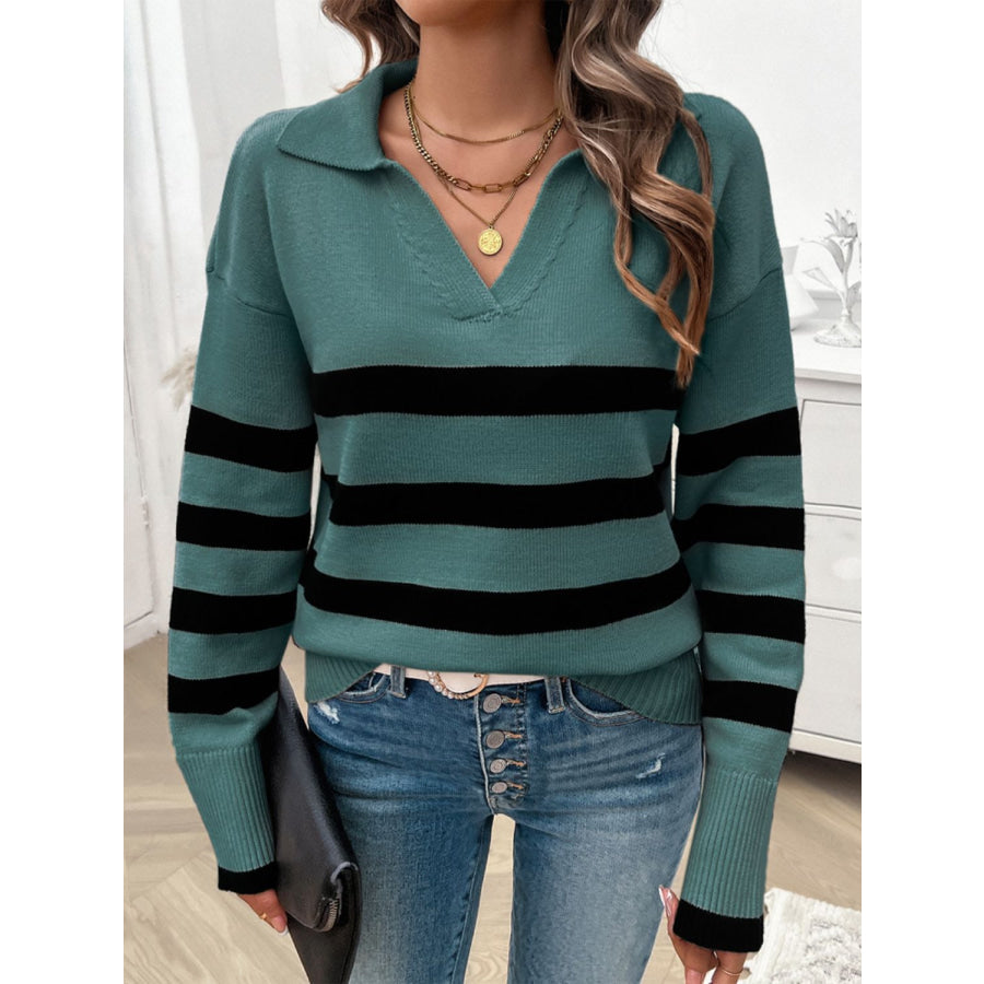 Striped Collared Neck Long Sleeve Sweater Turquoise / S Apparel and Accessories