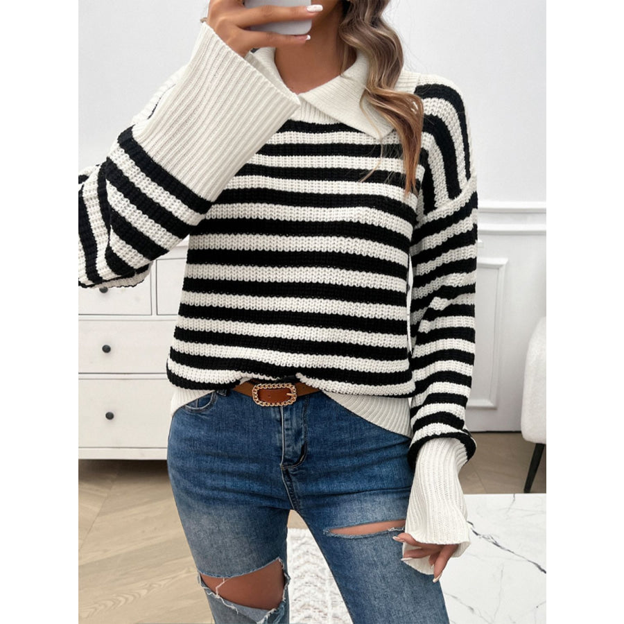 Striped Collared Neck Long Sleeve Sweater White / S Apparel and Accessories