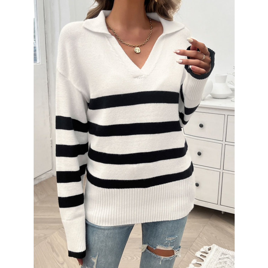 Striped Collared Neck Long Sleeve Sweater White / S Apparel and Accessories