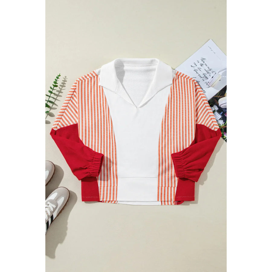 Striped Collared Neck Long Sleeve Sweatshirt Apparel and Accessories