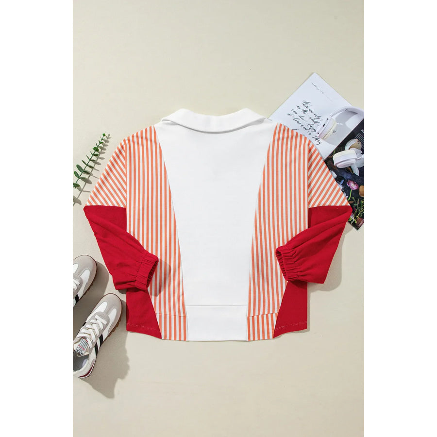 Striped Collared Neck Long Sleeve Sweatshirt Apparel and Accessories