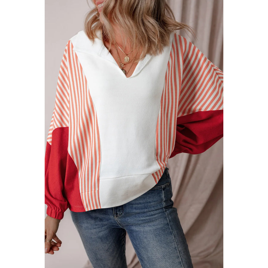 Striped Collared Neck Long Sleeve Sweatshirt Apparel and Accessories