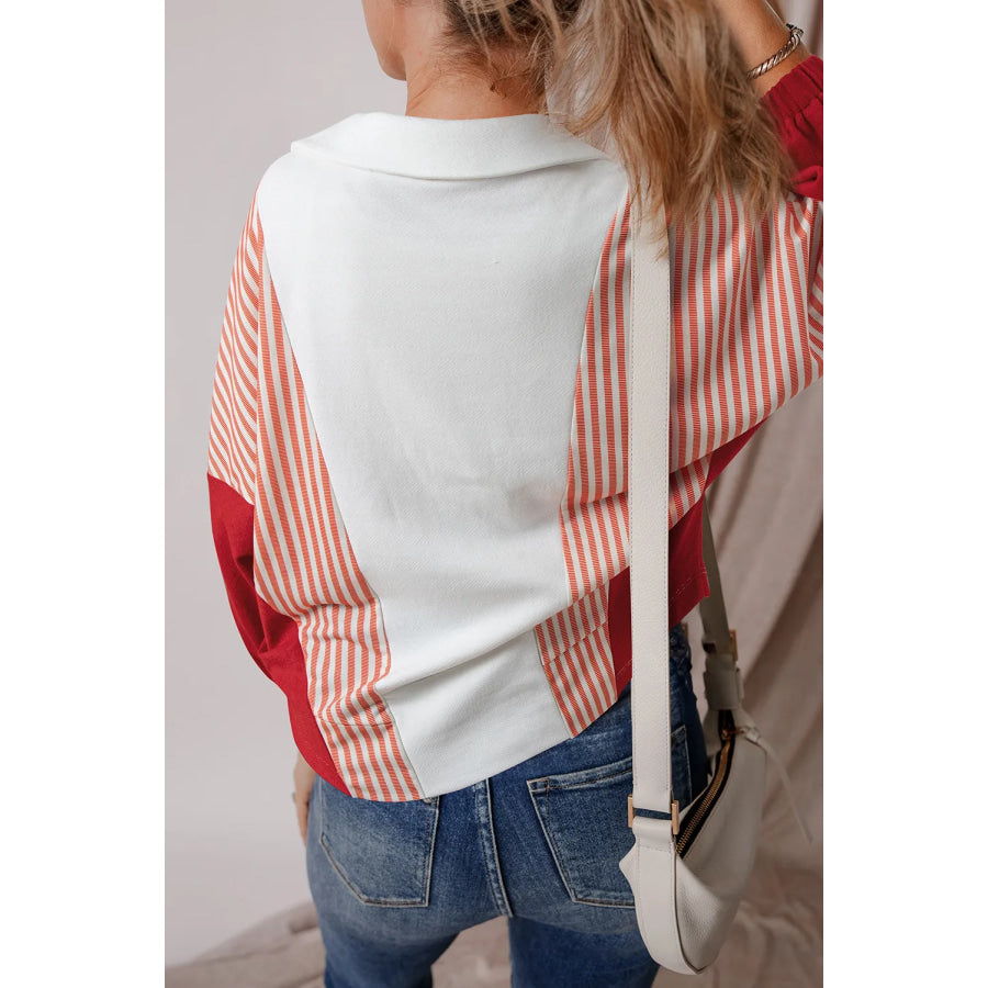 Striped Collared Neck Long Sleeve Sweatshirt Apparel and Accessories