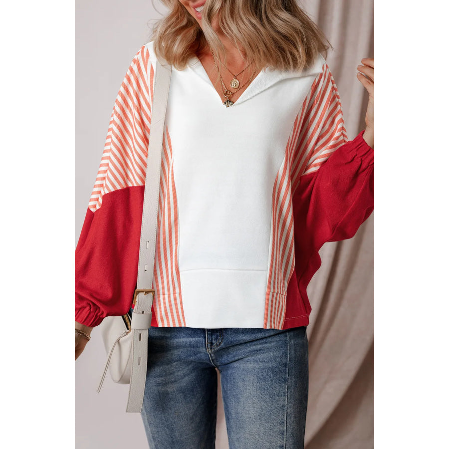 Striped Collared Neck Long Sleeve Sweatshirt Deep Red / S Apparel and Accessories