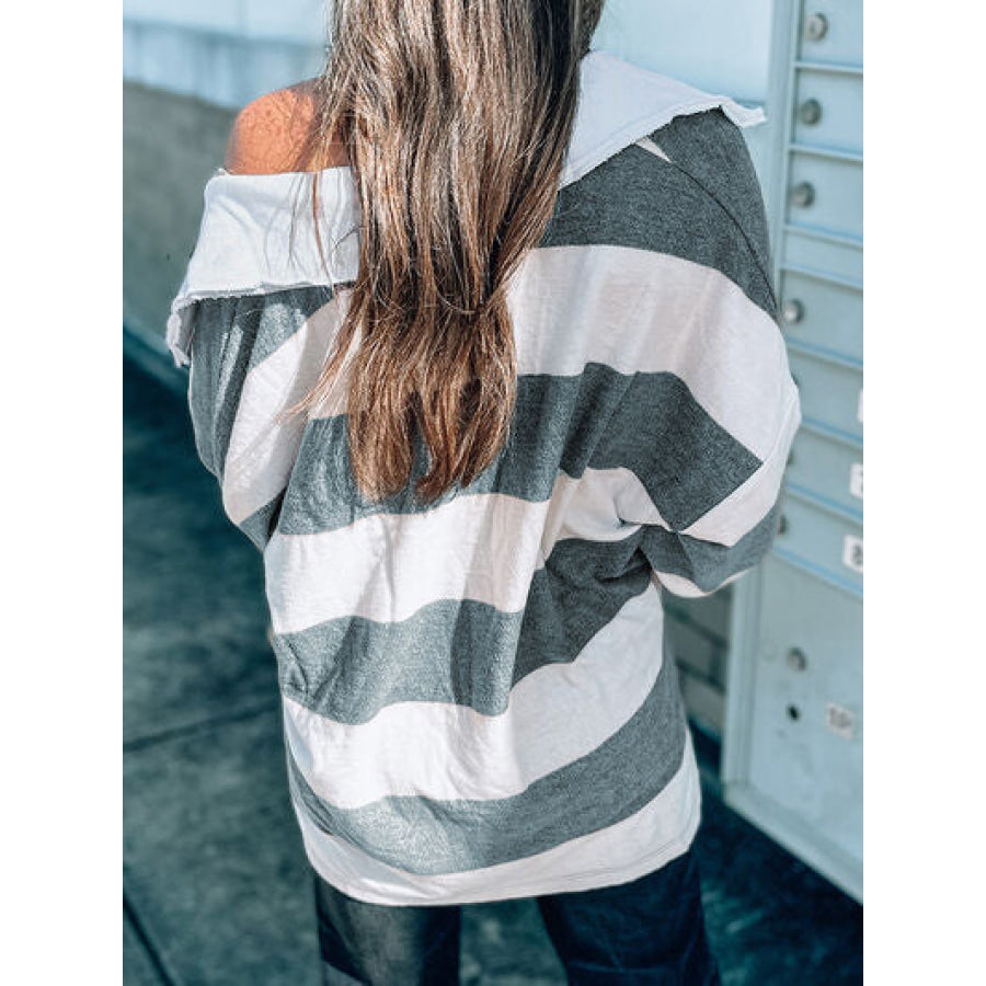 Striped Collared Neck Long Sleeve T - Shirt Apparel and Accessories