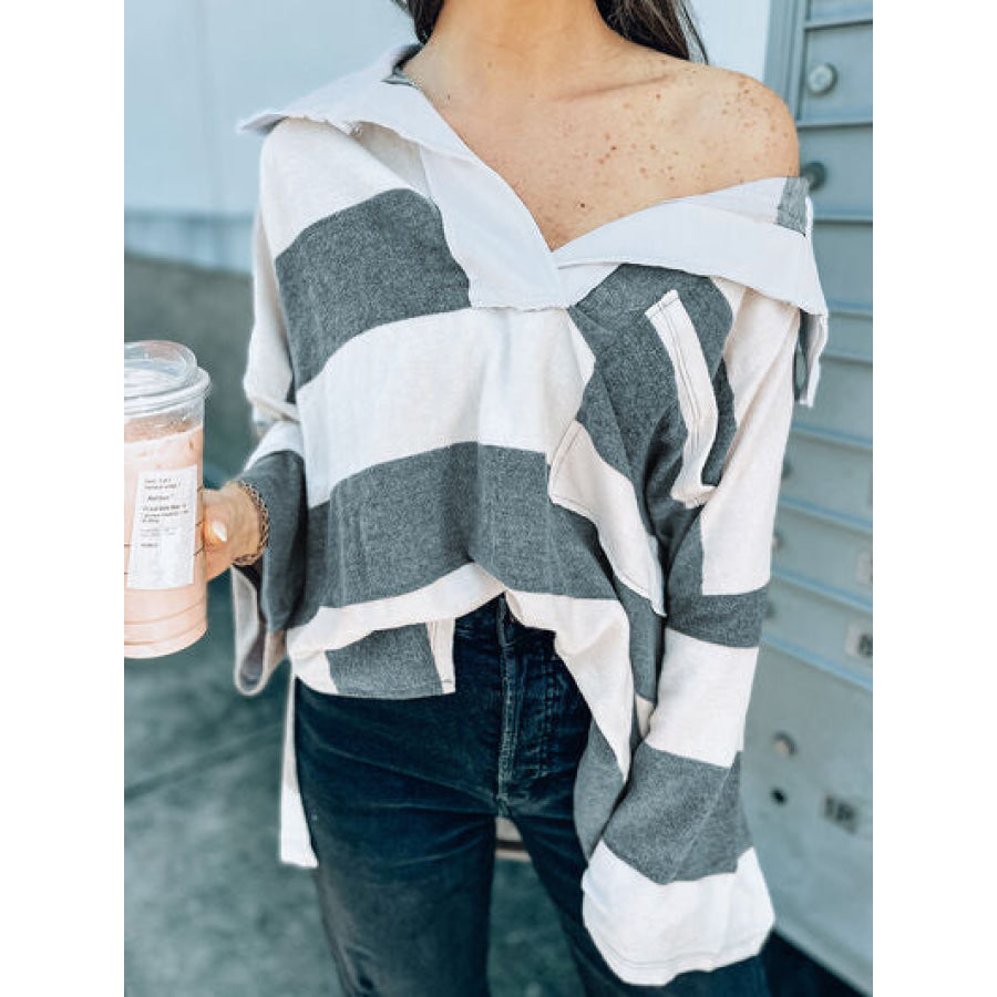 Striped Collared Neck Long Sleeve T - Shirt White / S Apparel and Accessories