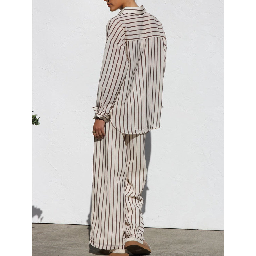 Striped Collared Neck Long Sleeve Top and Pants Set Apparel and Accessories