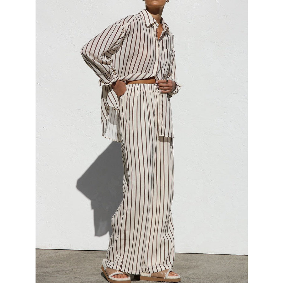 Striped Collared Neck Long Sleeve Top and Pants Set Apparel and Accessories