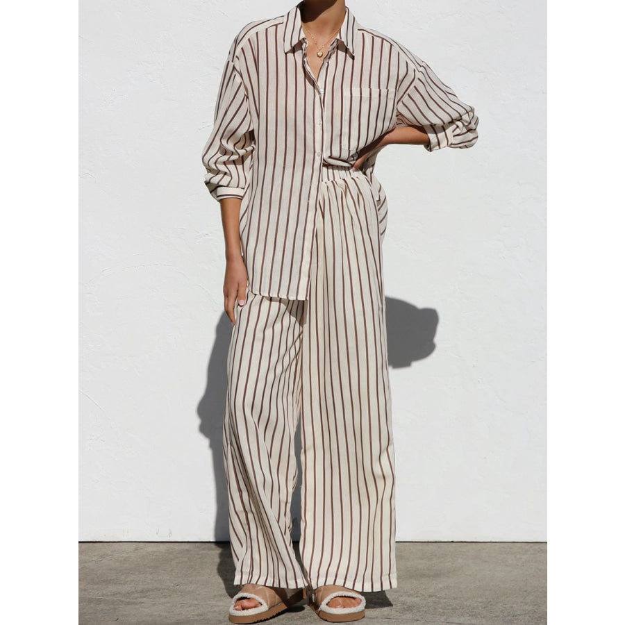 Striped Collared Neck Long Sleeve Top and Pants Set Dust Storm / S Apparel and Accessories