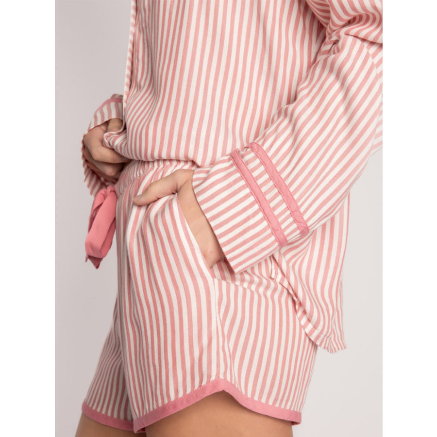 Striped Collared Neck Long Sleeve Top and Shorts Lounge Set Apparel and Accessories