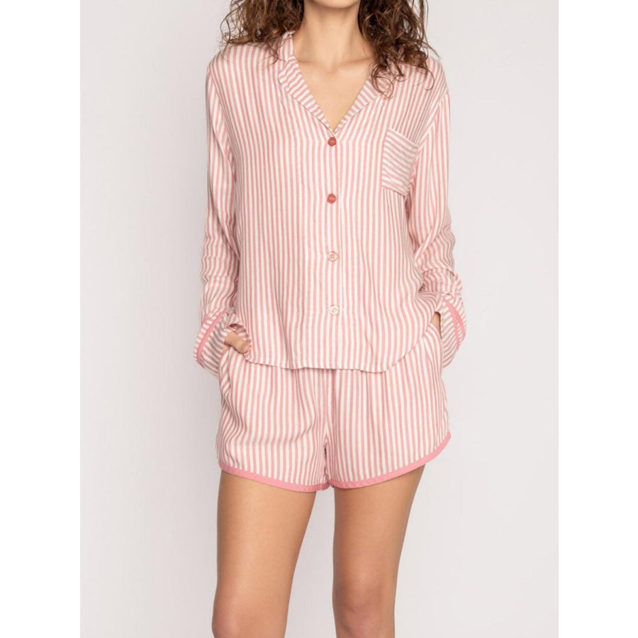 Striped Collared Neck Long Sleeve Top and Shorts Lounge Set Apparel and Accessories