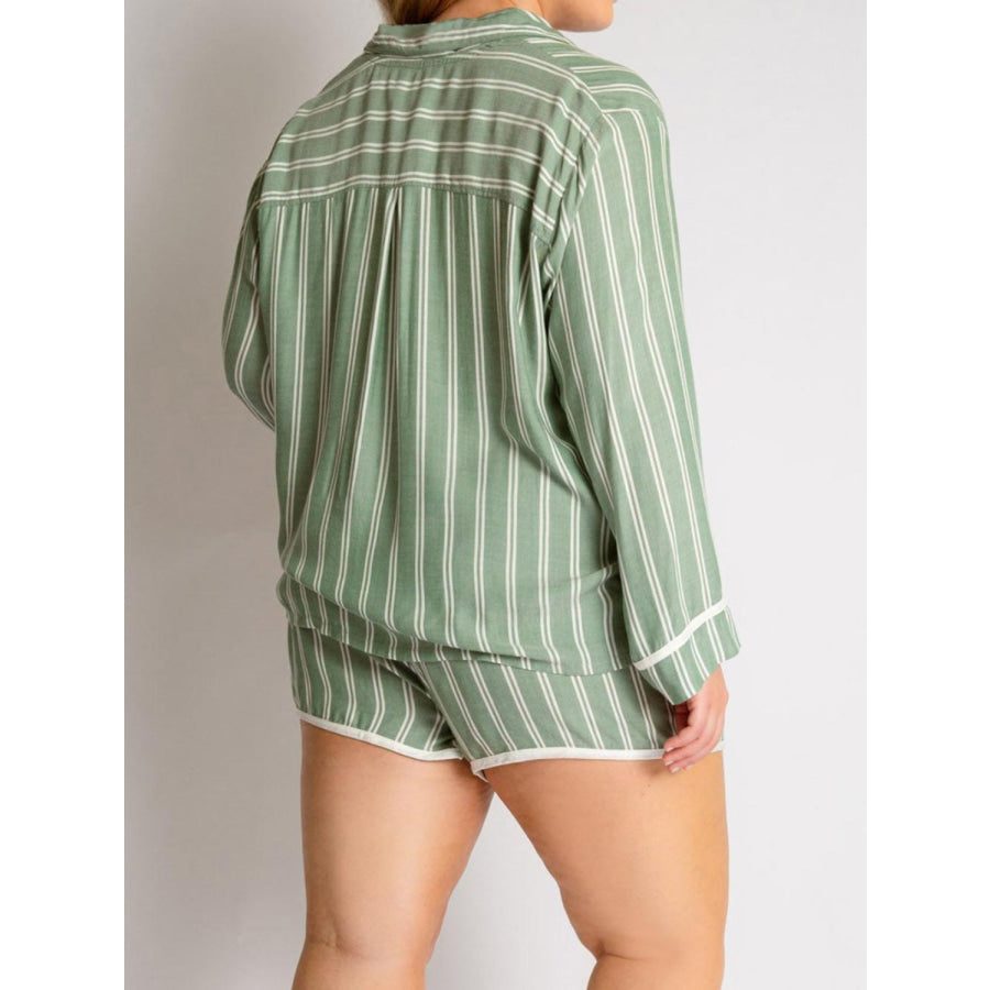 Striped Collared Neck Long Sleeve Top and Shorts Lounge Set Apparel and Accessories