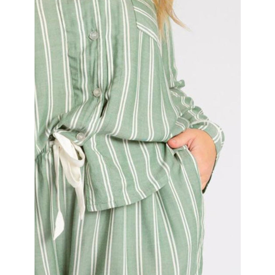 Striped Collared Neck Long Sleeve Top and Shorts Lounge Set Apparel and Accessories