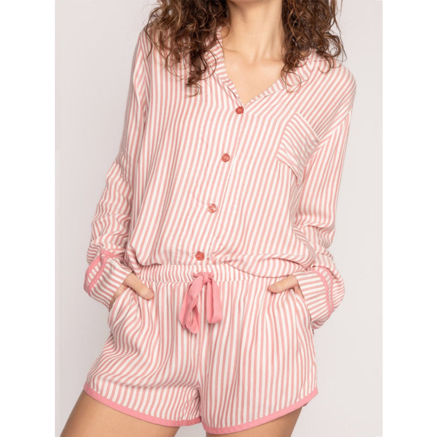 Striped Collared Neck Long Sleeve Top and Shorts Lounge Set Pale Blush / S Apparel and Accessories