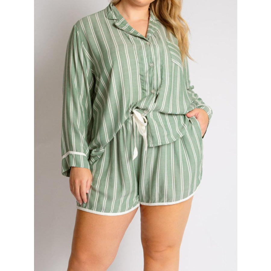 Striped Collared Neck Long Sleeve Top and Shorts Lounge Set Sage / S Apparel and Accessories