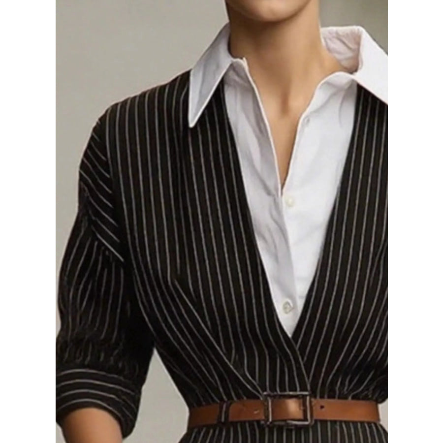 Striped Collared Neck Midi Dress Apparel and Accessories