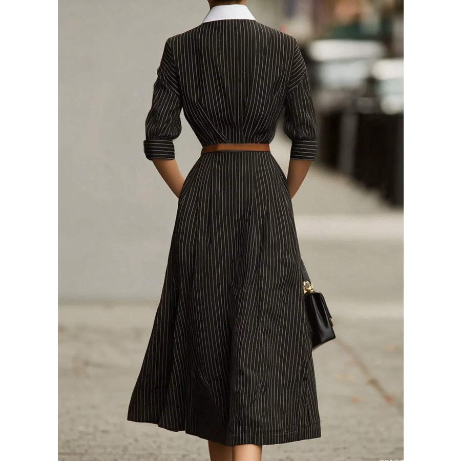 Striped Collared Neck Midi Dress Apparel and Accessories