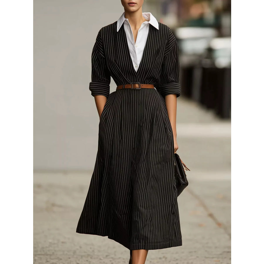 Striped Collared Neck Midi Dress Black / S Apparel and Accessories