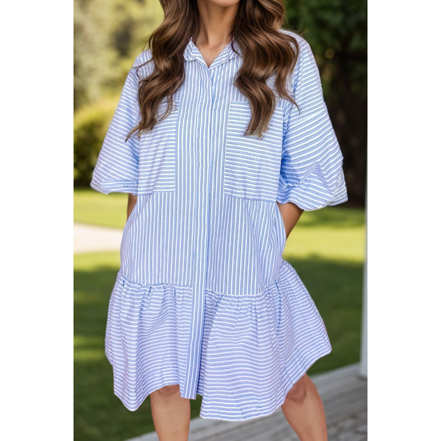 Striped Collared Neck Mini Dress Stripe / S Apparel and Accessories