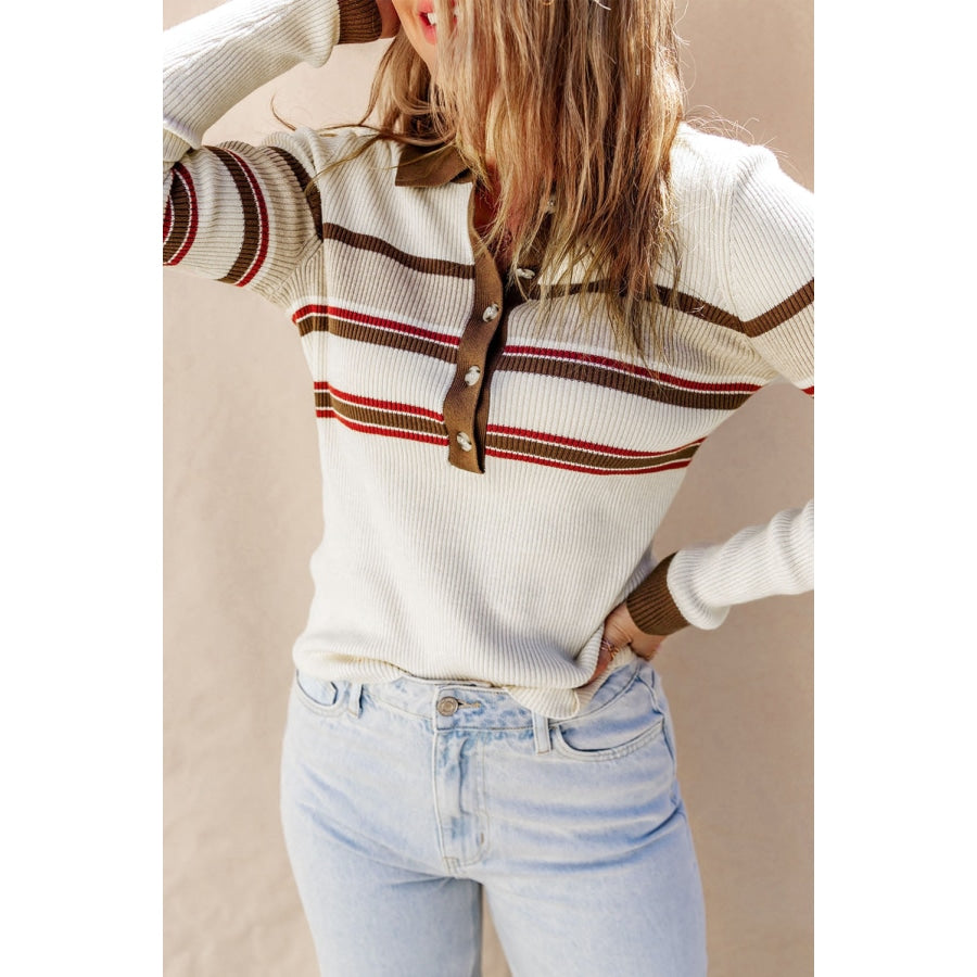 Striped Collared Neck Rib-Knit Top