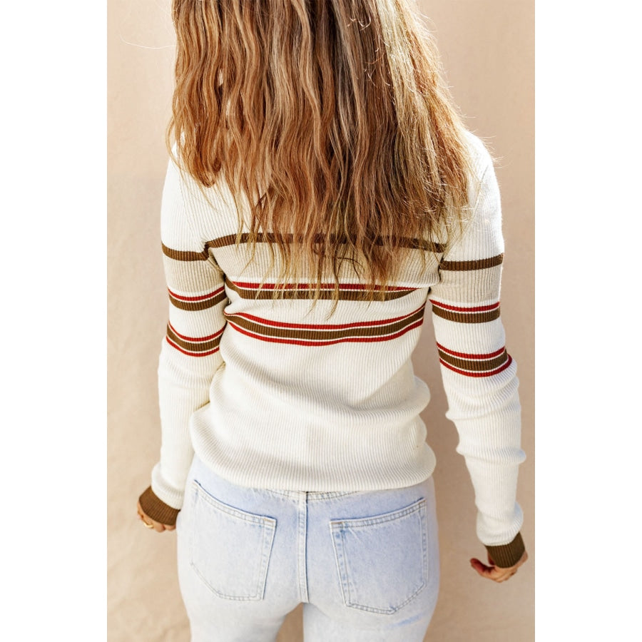 Striped Collared Neck Rib-Knit Top White / S