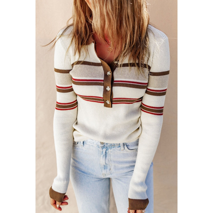 Striped Collared Neck Rib-Knit Top White / S