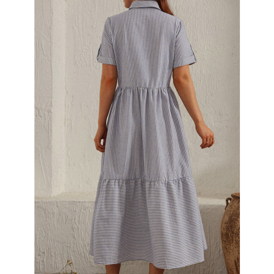 Striped Collared Neck Short Sleeve Dress Apparel and Accessories