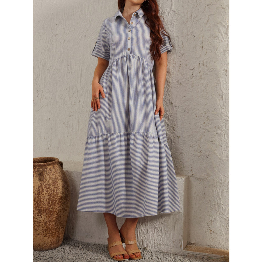 Striped Collared Neck Short Sleeve Dress Apparel and Accessories