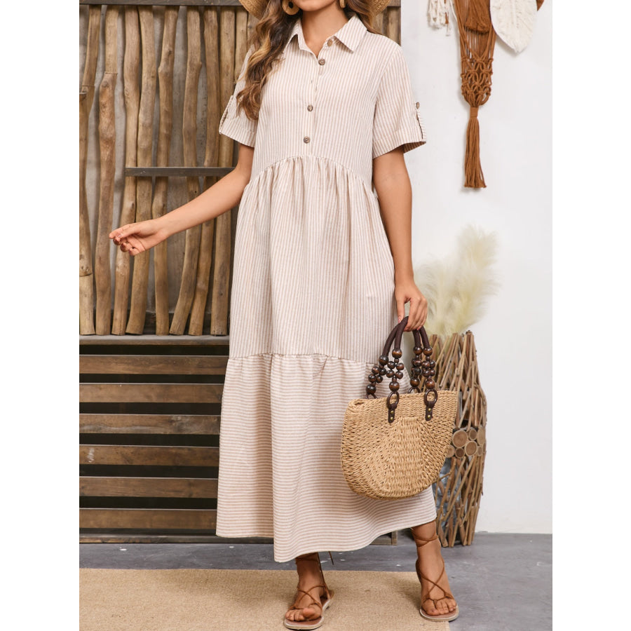 Striped Collared Neck Short Sleeve Dress Apparel and Accessories