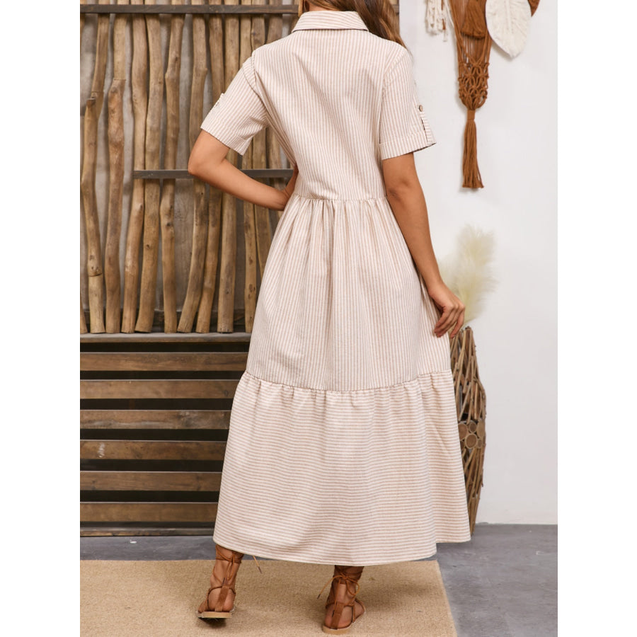 Striped Collared Neck Short Sleeve Dress Apparel and Accessories