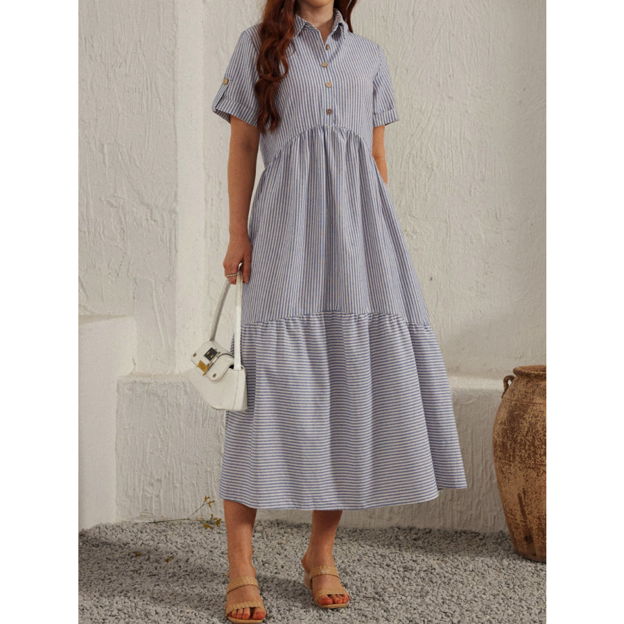 Striped Collared Neck Short Sleeve Dress Gray / S Apparel and Accessories